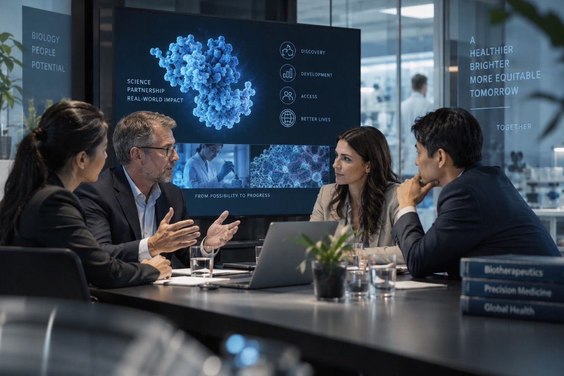 Biotech partnering meeting: four people in discussion in front of a scientific presentation